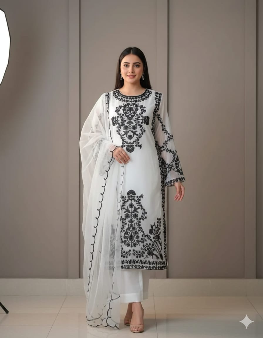 Allover Digital Printed Shirt with Heavy Thread Embroidery & Tassel - Pearl Detailing – 3 Pcs UH Collection - U.HCOLLECTION9627