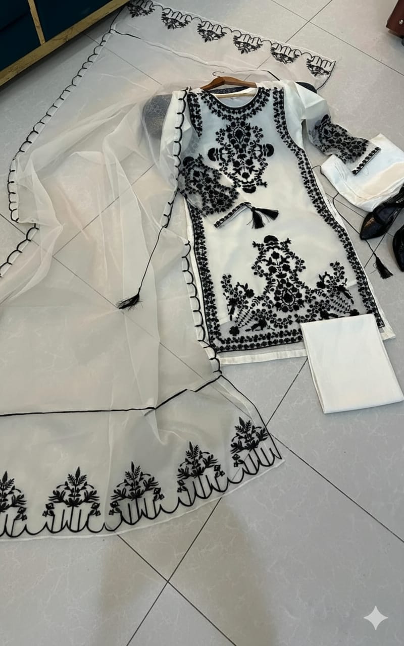 Allover Digital Printed Shirt with Heavy Thread Embroidery & Tassel - Pearl Detailing – 3 Pcs UH Collection - U.HCOLLECTION9627