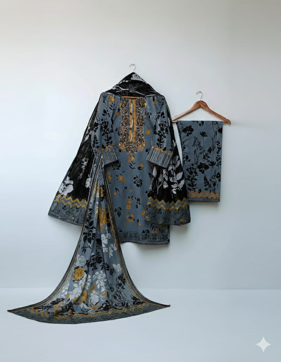 Eid 2026 Arrival* 💚 All'over Digital Printed With Heavy Thread Embroidery And Tassels Pearls Attached Work On Shirt With Printed Flapper Dupatta 3Pcs - U.HCOLLECTION9627