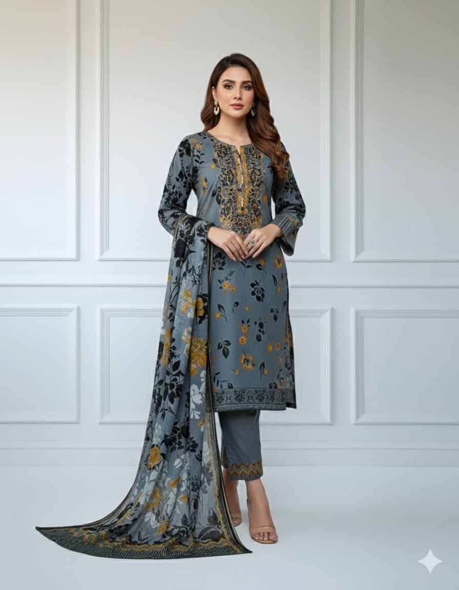 Eid 2026 Arrival* 💚 All'over Digital Printed With Heavy Thread Embroidery And Tassels Pearls Attached Work On Shirt With Printed Flapper Dupatta 3Pcs - U.HCOLLECTION9627