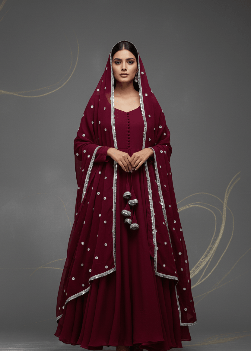 Elegant v neck 3 piece maxi dress set in pakistan with Lace Dupatta - U.HCOLLECTION9627